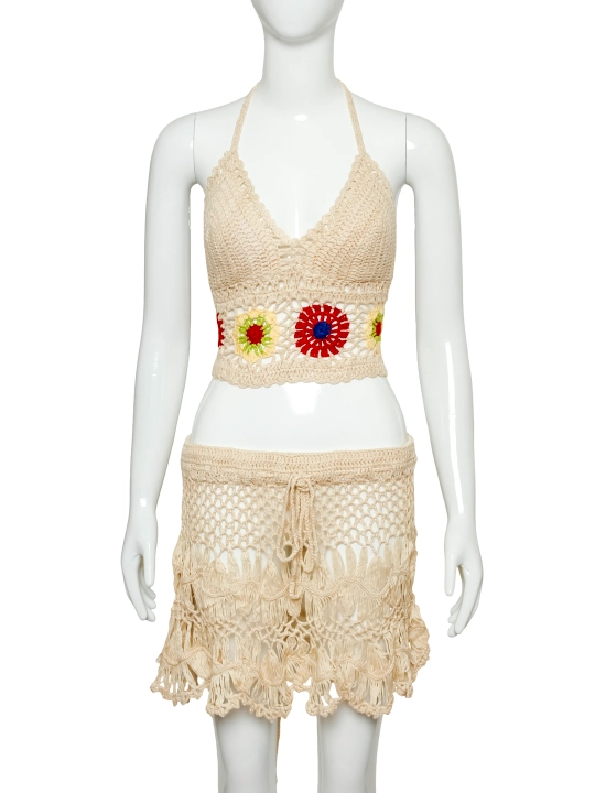 Suzish kiyimi Gypsy qo‘l to‘qilgan boho to‘plam, crochet top + yubka, S-XXL - 