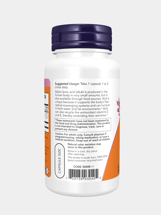 Now Foods, Alfa lipoik kislotasi, 100 mg kapsulalarda