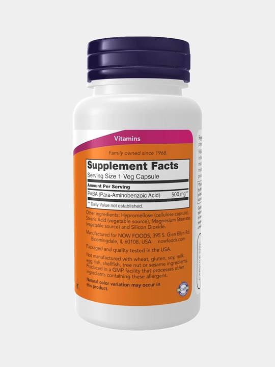 Now Foods, ПАБА (PABA) 500 мг, 100 капсул, Халяль