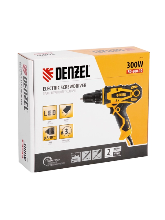 Дрель-шуруповерт DENZEL SD-300-10, сетевая,  26201
