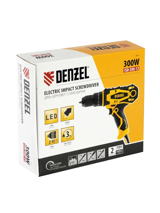 Дрель-шуруповерт DENZEL ISD-300-13, сетевая, ударная 26211