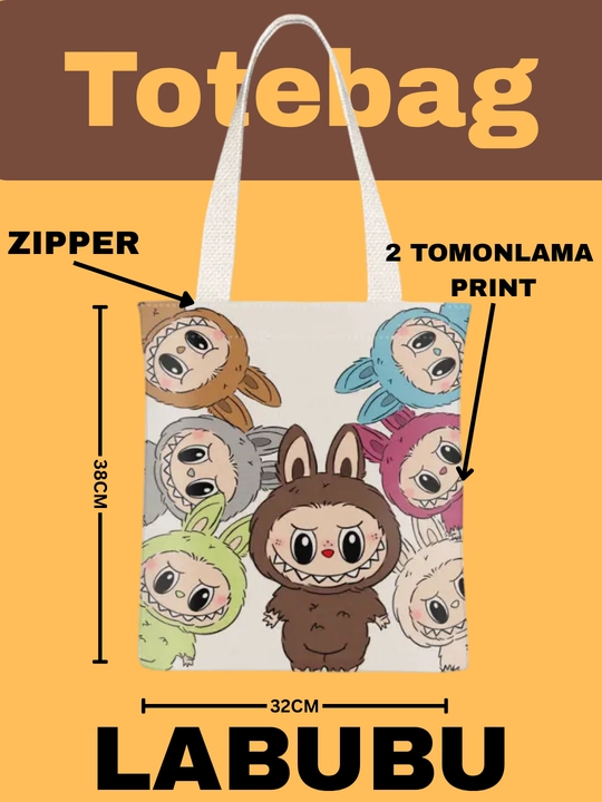 Labubu bosmali ikki tomonlama zamokli kanvas sumka – 38x33 sm, karton uslub
