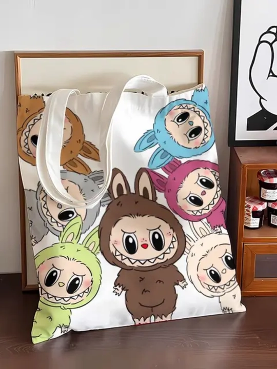 Labubu bosmali ikki tomonlama zamokli kanvas sumka – 38x33 sm, karton uslub