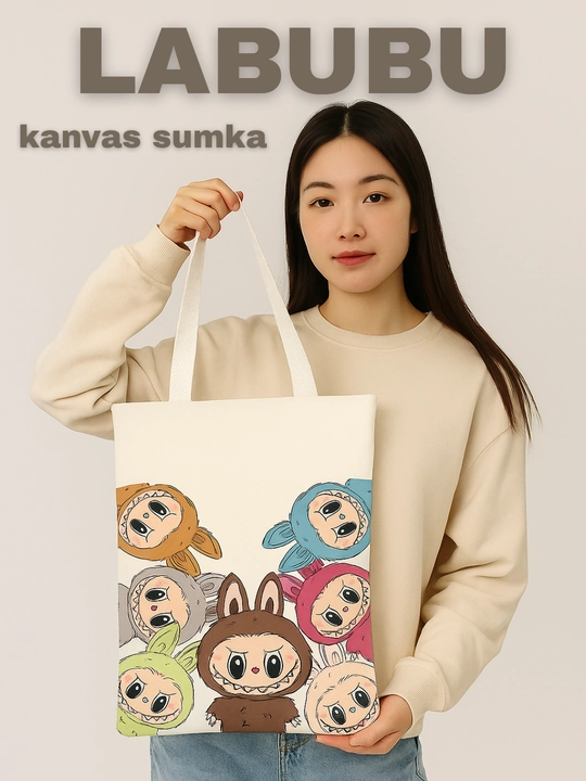 Labubu bosmali ikki tomonlama zamokli kanvas sumka – 38x33 sm, karton uslub