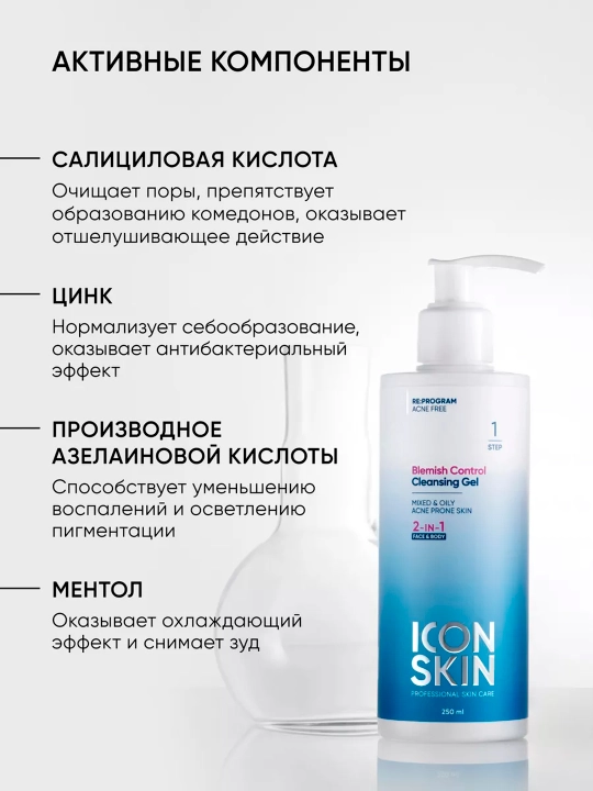 Очищающий гель 2 в 1, для лица и тела ICON SKIN, c цинком и ментолом 250 мл