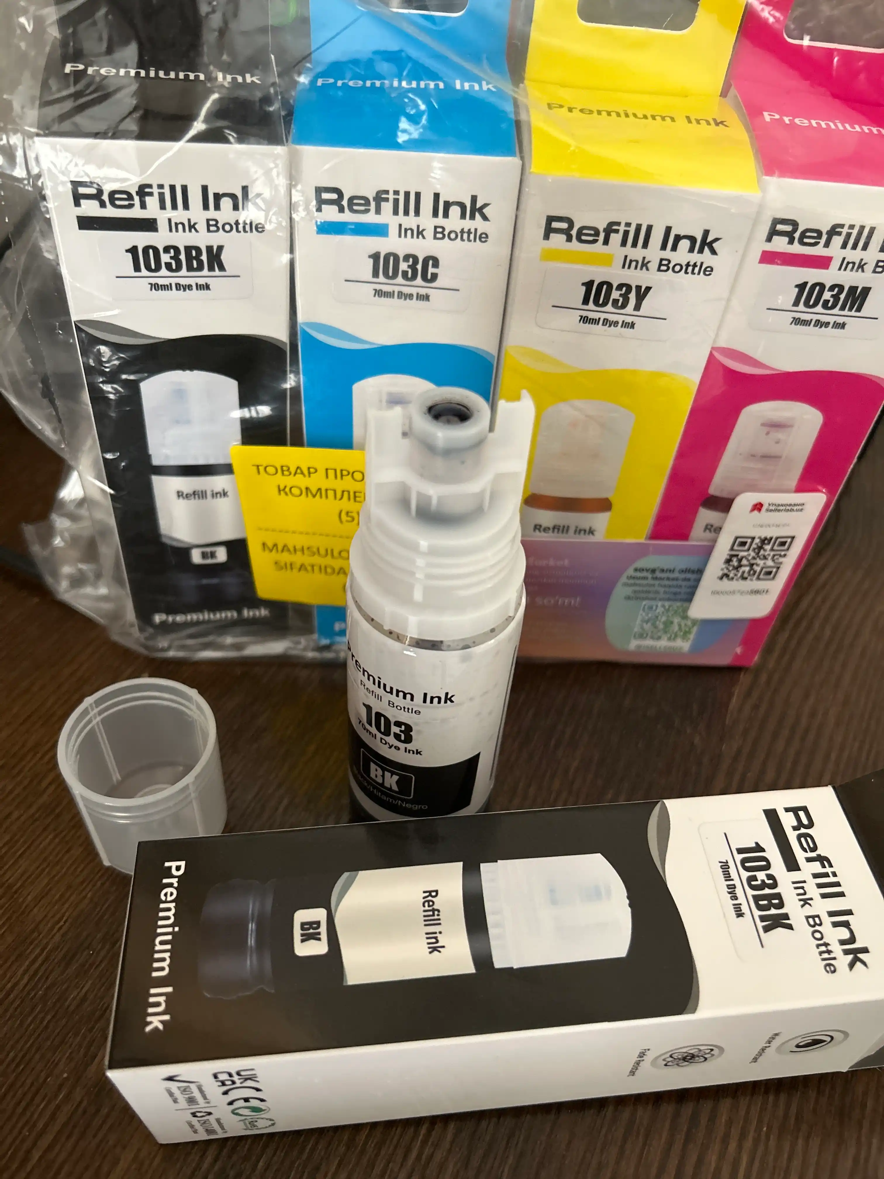 Siyoh Epson 103, l3150, l3250, 103 EcoTank printer bo'yog'i, 4 rang + 1 qora sovga