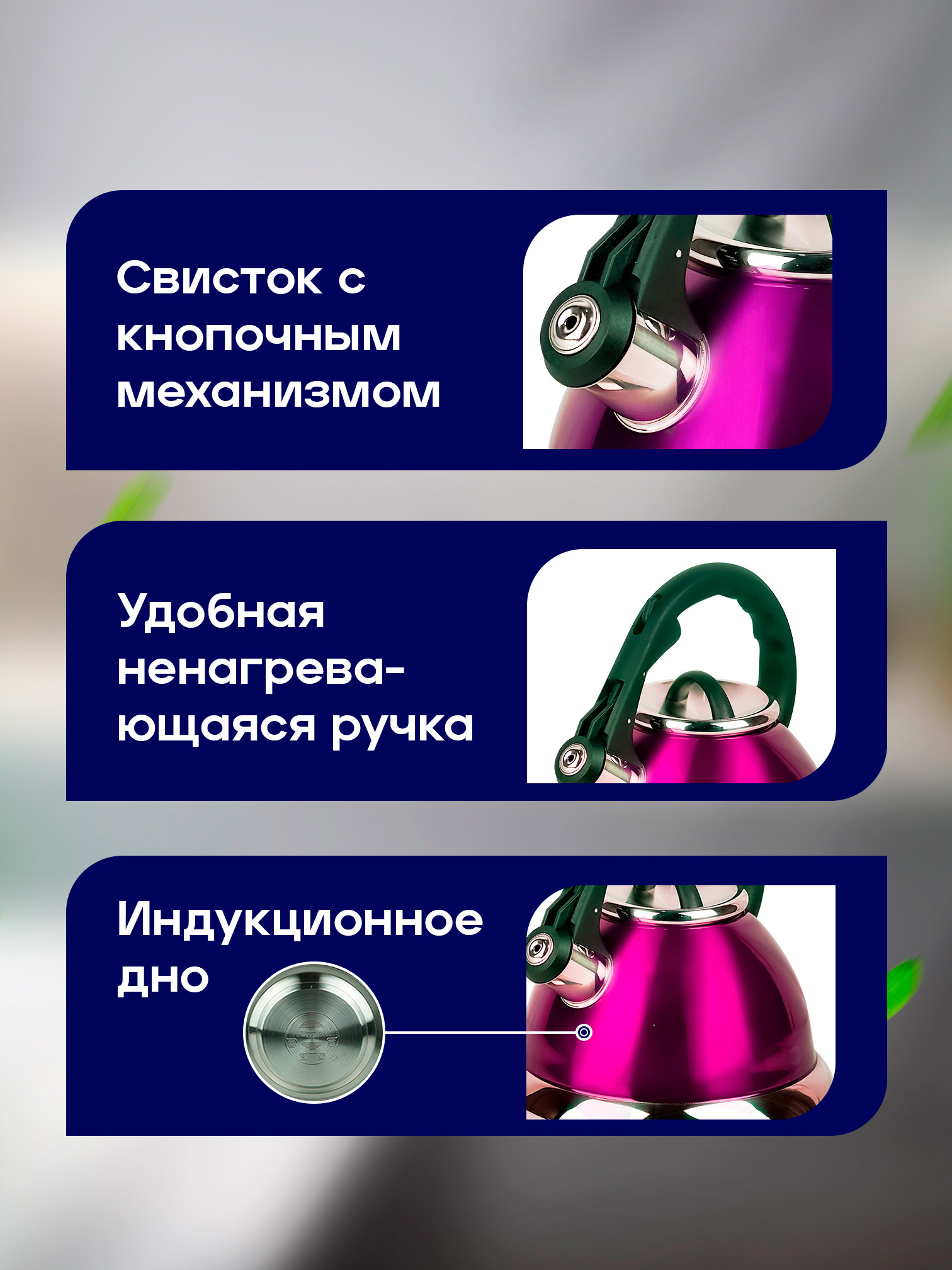 Чайник со свистком для газовой и индукционной плиты, 3.2 л