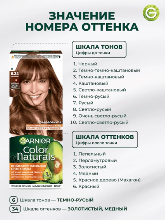 Bardoshli ozuqaviy krem-bo‘yoq Garnier, "Color Naturals" soch turmagi, 6.34 tus, Karamel