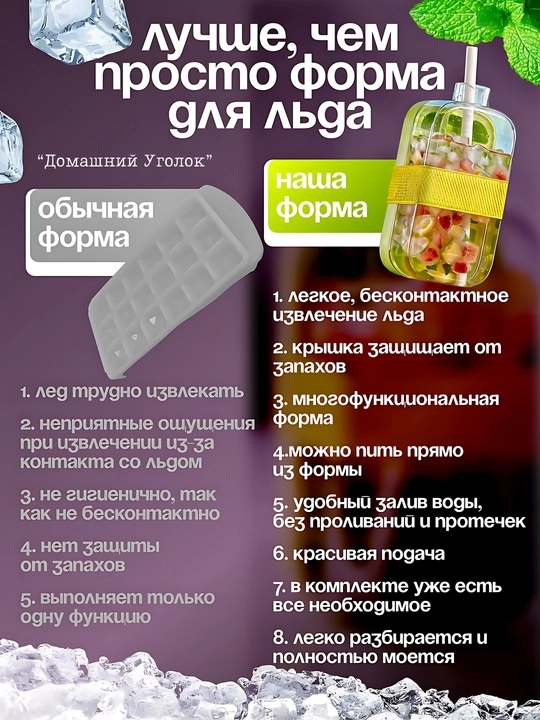 Бутылка с формой для льда 2 в 1, 800 мл, с трубочкой и герметичной крышкой