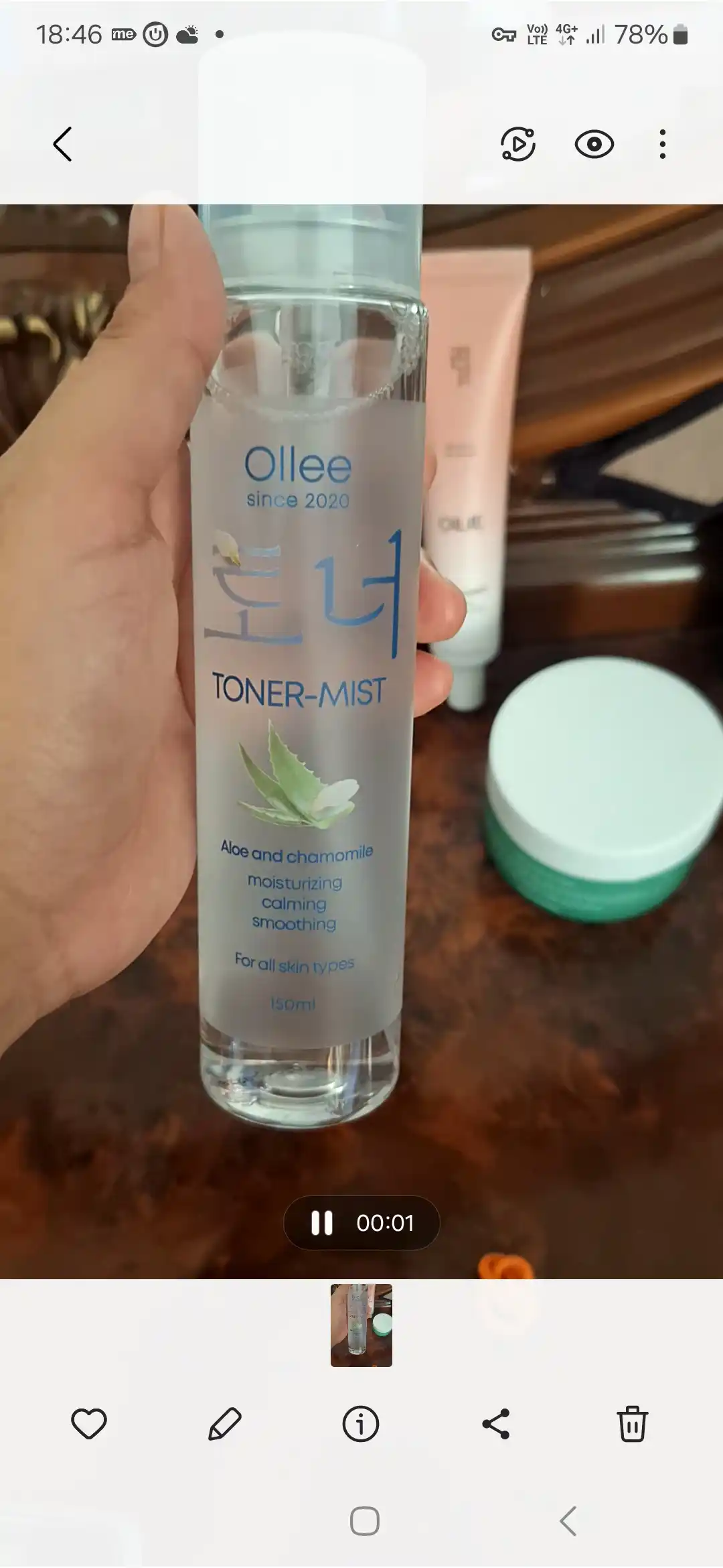 Aloe, moychechak va tremella qo‘shilgan OLLEE yuz uchun namlantiruvchi toner-mist, 80 ml