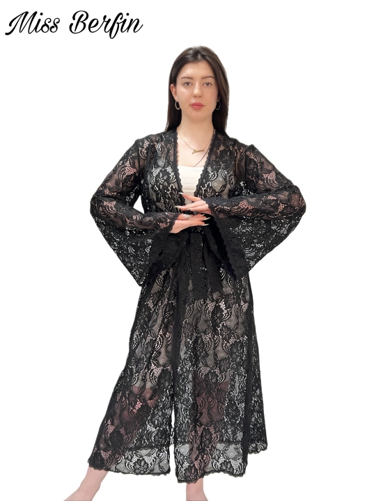 Qora ayollar gipyur xalati Miss Berfin - pareo, penyuar, uy xalati 3 in 1, S-2XL - 