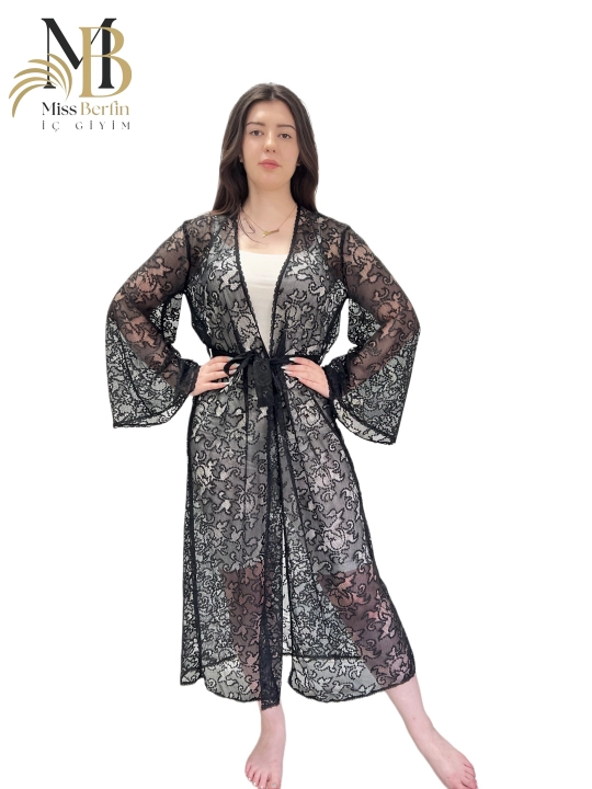 Qora ayollar gipyur xalati Miss Berfin - pareo, penyuar, uy xalati 3 in 1, S-2XL