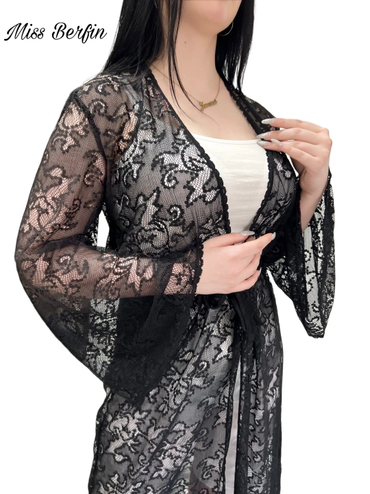 Qora ayollar gipyur xalati Miss Berfin - pareo, penyuar, uy xalati 3 in 1, S-2XL