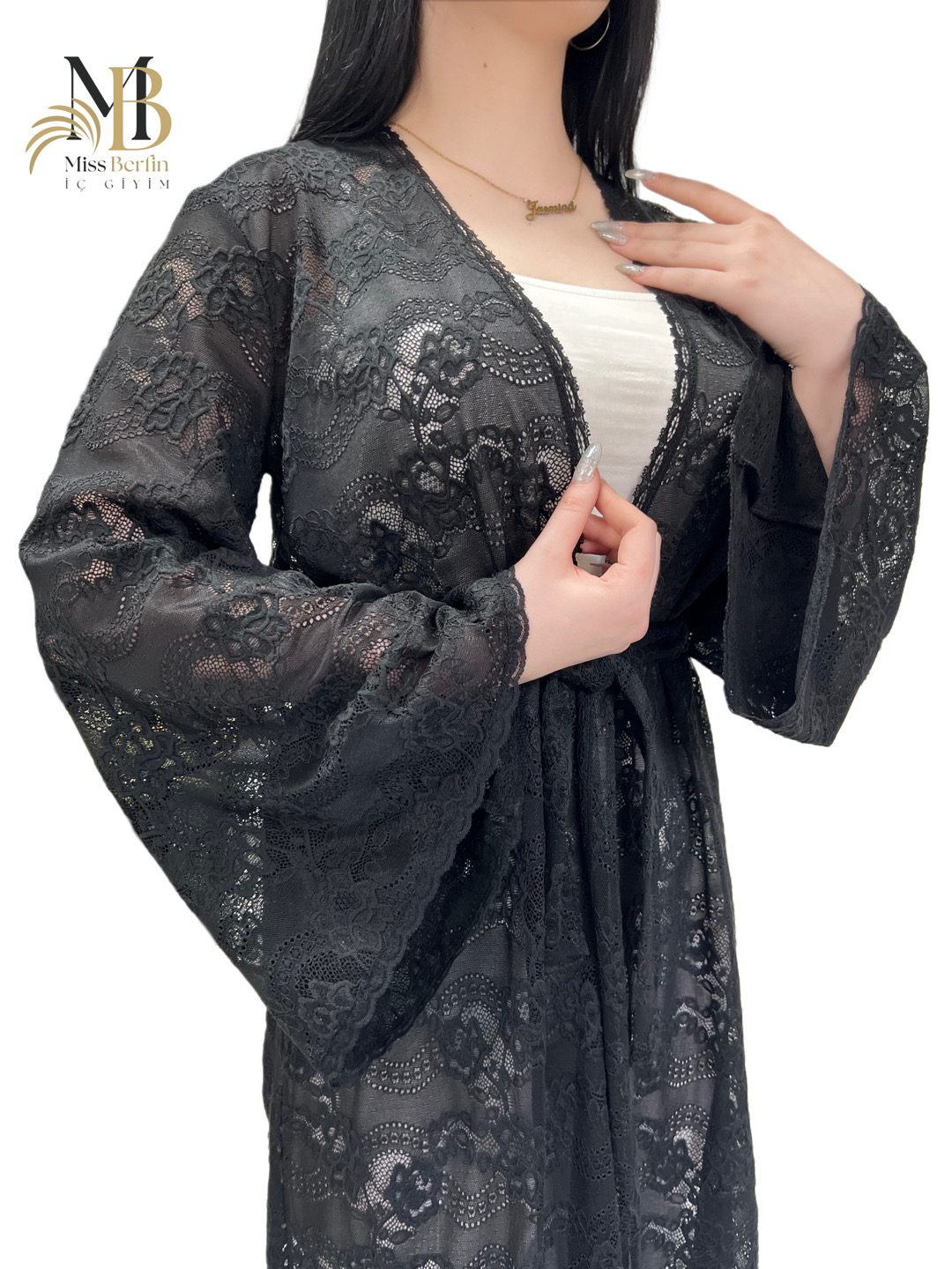 Qora ayollar gipyur xalati Miss Berfin - pareo, penyuar, uy xalati 3 in 1, S-2XL