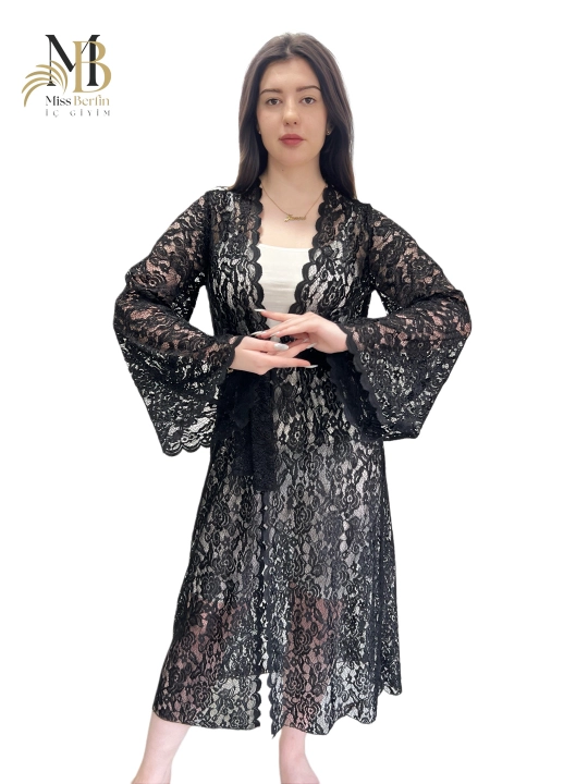 Qora ayollar gipyur xalati Miss Berfin - pareo, penyuar, uy xalati 3 in 1, S-2XL