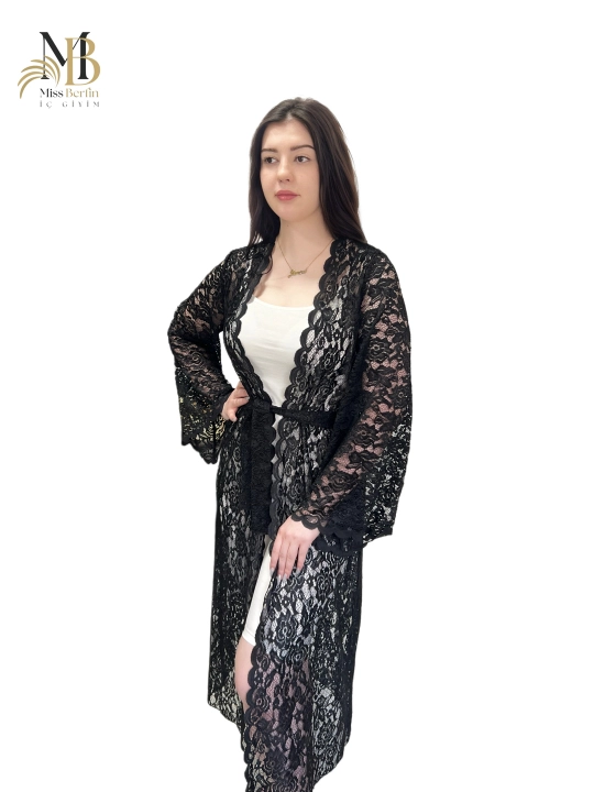 Qora ayollar gipyur xalati Miss Berfin - pareo, penyuar, uy xalati 3 in 1, S-2XL