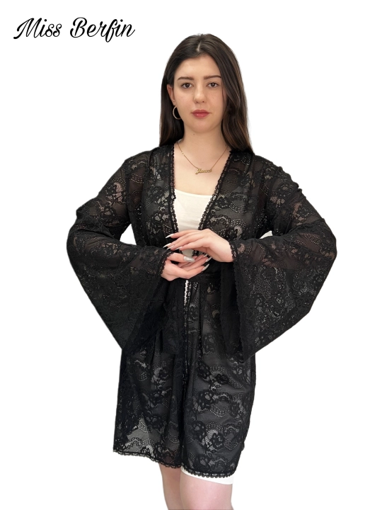 Qora ayollar gipyur xalati Miss Berfin - pareo, penyuar, uy xalati 3 in 1, S-2XL - 