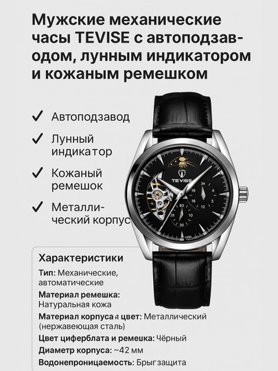 Мужские механические часы TEVISE с автоподзаводом, лунным индикатором и кожаным ремешком — TEXCASE-WATCH3-ЧЕРН