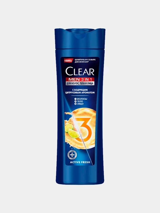 Soch uchun CLEAR MEN Active Fresh 3 shampuni, 1 da, tetiklantiruvchi sitrus iforli, 380 ml