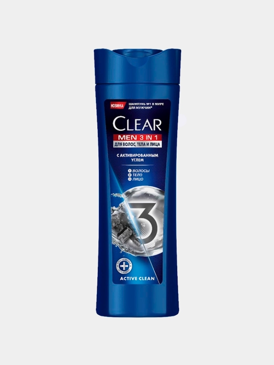 Qazg‘oqqa qarshi CLEAR MEN 3 in 1 faollashtirilgan ko‘mirli soch shampuni, 380 ml