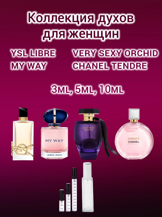 Коллекция духов для женщин YSL Libre, My Way, Very Sexy Orchid, Chanel Chance Tendre - 