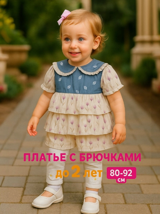 Летнее платье с брючками для девочек, шифоновое, до 2 лет, рост 80–92 см - 