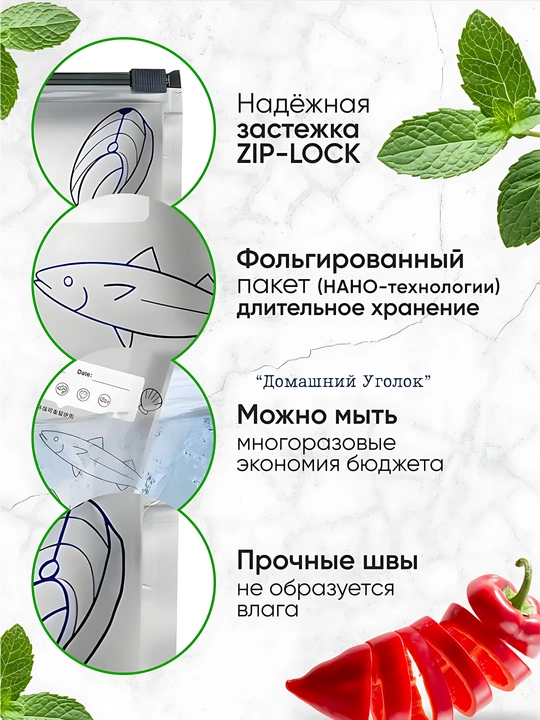 Пакеты с фольгой и замком-слайдером,для хранения и заморозки продуктов,23*17/26Х29 см 5 шт