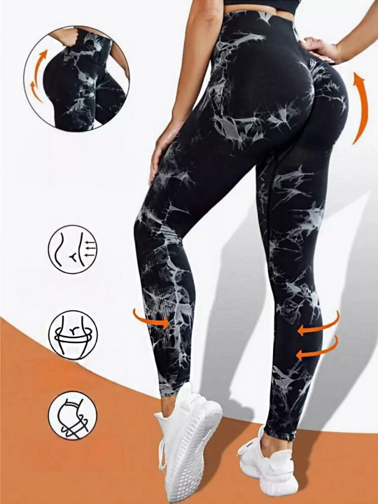 Леггинсы спортивные, лосины для фитнеса, Push-Up, Tie-dye, утягивающие, подчеркивает формы