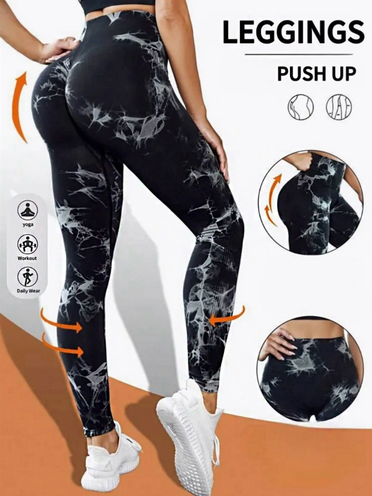 Леггинсы спортивные, лосины для фитнеса, Push-Up, Tie-dye, утягивающие, подчеркивает формы