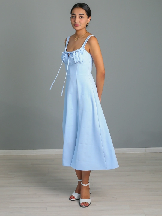 Платье трапеция миди с лифом на сборке и разрезом спереди, S-L