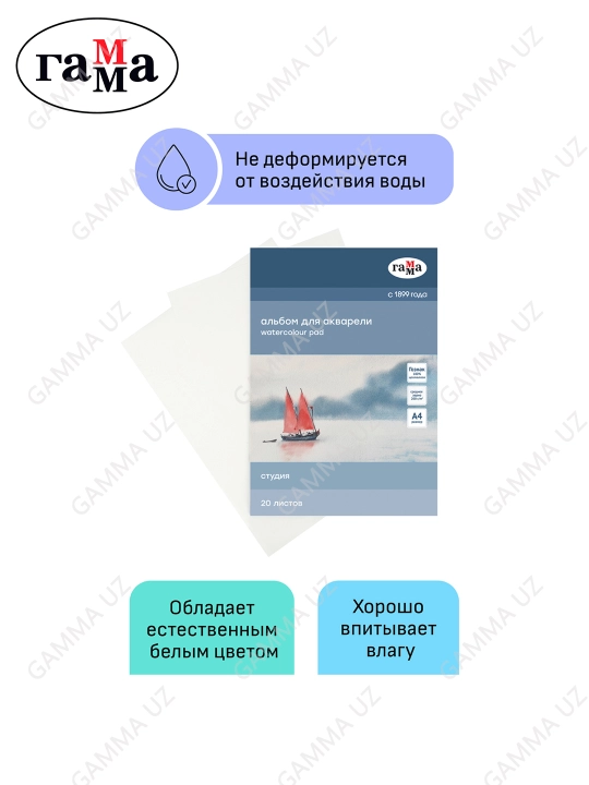 Альбом для акварели, 20л., А4, на склейке Гамма "Студия", 200г/м2, ср.зерно,40C01G720W
