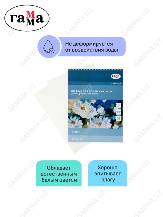 Альбом для гуаши и акрила, 12л., А3, на спирали Гамма "Студия", 180г/м2,30A01S712W