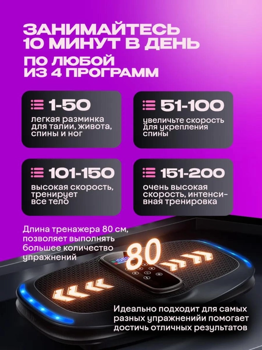 Виброплатформа для похудения и фитнеса, кардио тренажер с эспандерами и Bluetooth, до 200кг