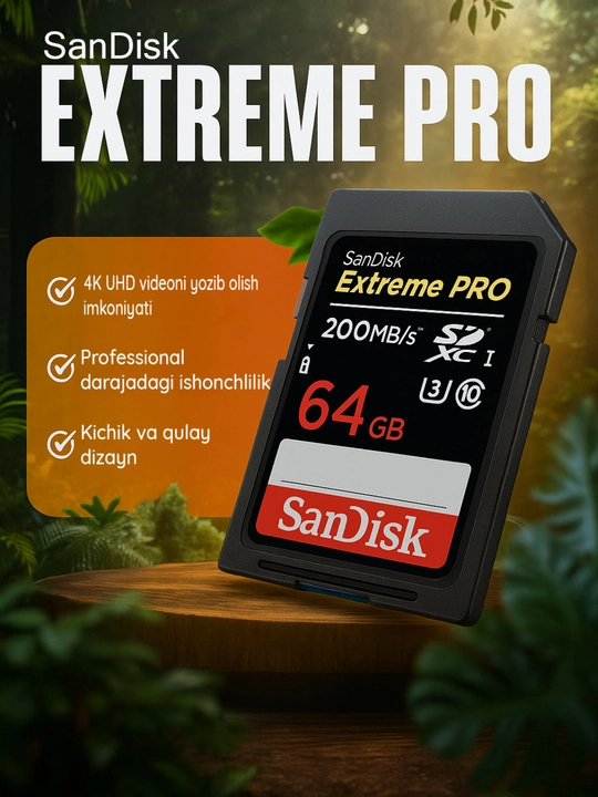 Fotoaparat uchun xotira kartasi Sandisk Extreme Pro SDXC UHS-I card, 32 GB, 64 GB, 128 GB - 