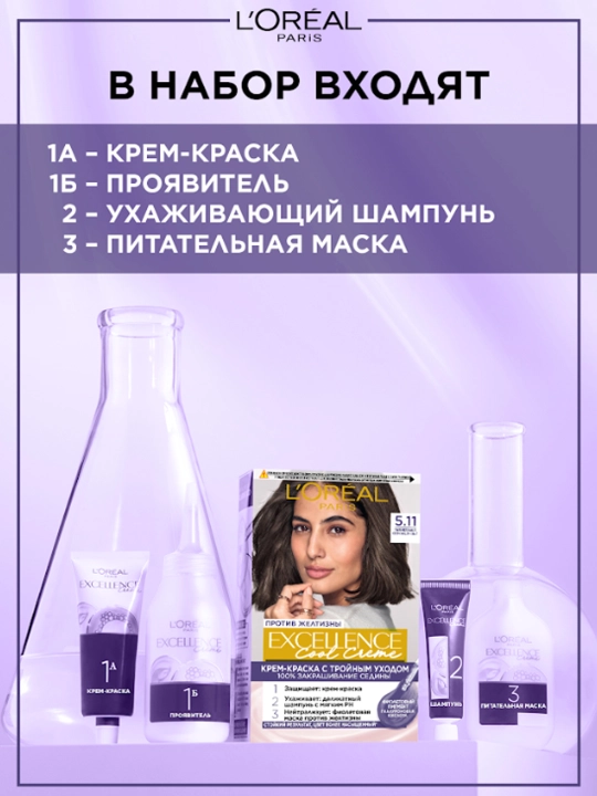 Краска для волос L'Oreal Excellence cool creme, тон 4.11 ультра пепельный каштановый