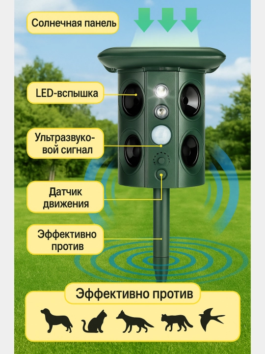 Ultrasonic repeller of birds, animals on solar batteries