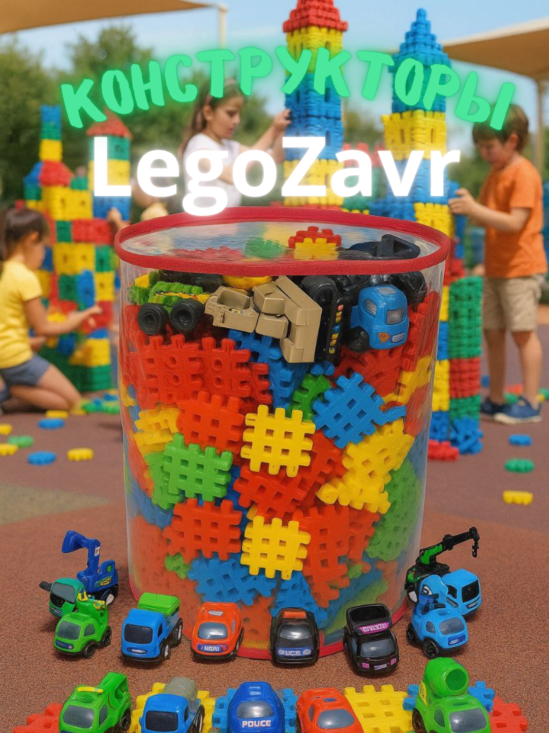 Qopchali LegoZavr konstruktorlari o‘yinchoqlar to‘plami bilan