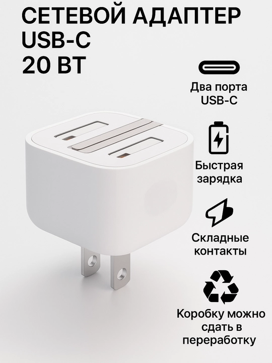 Сетевое зарядное устройство 20W для iPhone, без кабеля, Type-C, 3-pin британская вилка - 