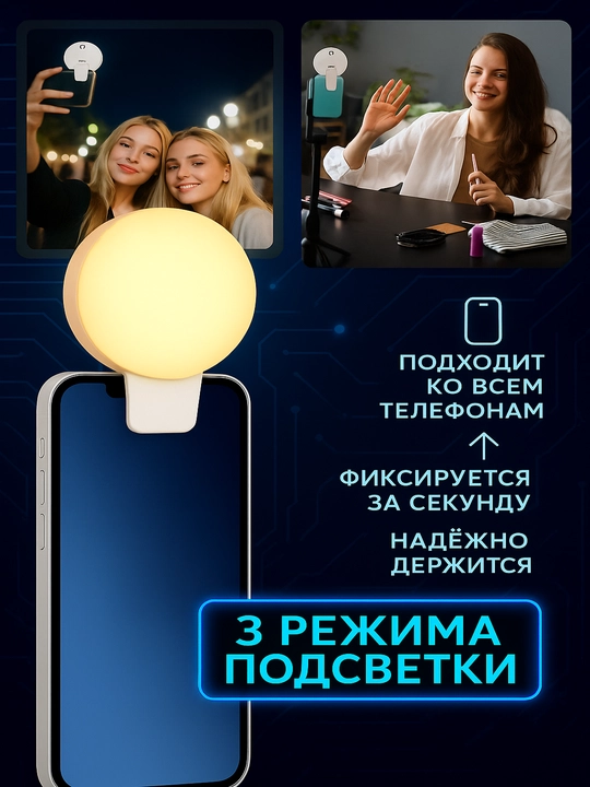 LED selfi lampa klipsli — telefon uchun halqa yorugʻlik blog, makiyaj va video uchun