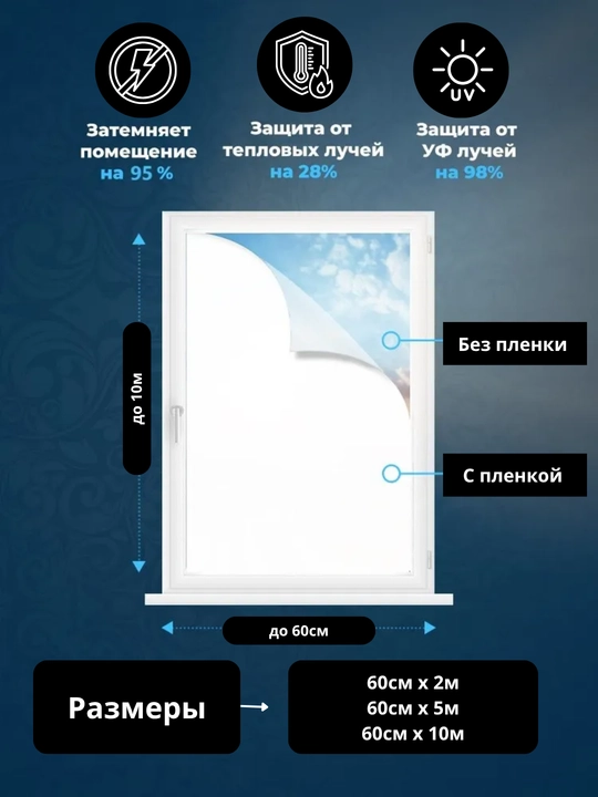 Derazalar uchun quyoshdan himoya qiluvchi dekorativ plyonka, yelmsiz, xira plyonka