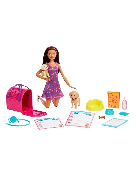 Barbie Pup Adoption qo'g'irchog'i aksessuarlar, 2 uy hayvonlari va 10 ta aksessuarlar bilan