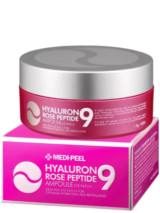 Ko'z uchun patchlar, MEDIPEEL+, Hyaluron Peptide 9, Aqua, Cica, Rose, Volume lifting, Dark benone, 60 dona