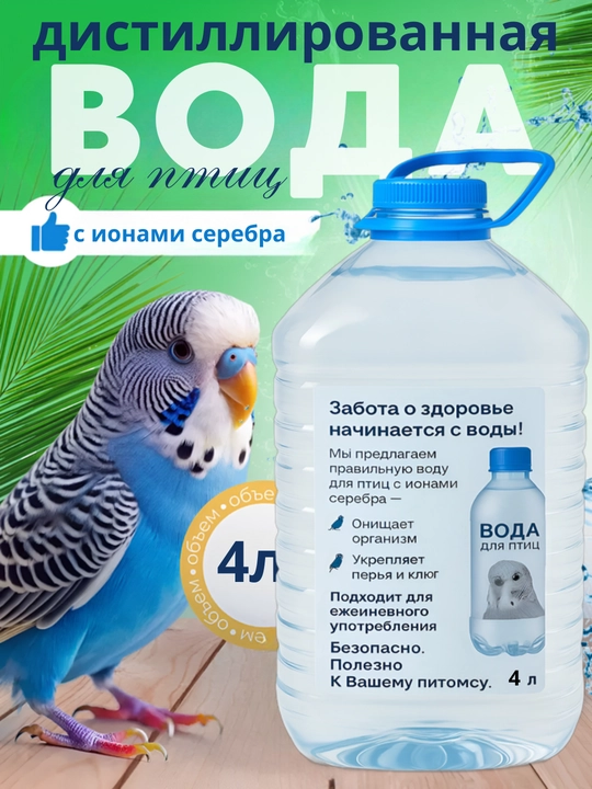 Дистиллированная вода с ионами серебра для птиц 4л – безопасная, очищенная, полезная - 
