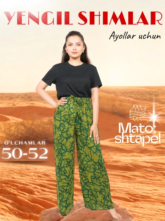 Ayollar uchun yozgi keng shimlar, shtampel matosidan, 50–52 o‘lcham - 