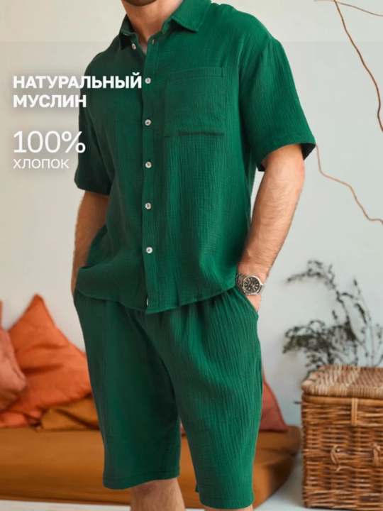Erkaklar yozgi to‘plami: yengil matodan tikilgan ko‘ylak va shortik - 