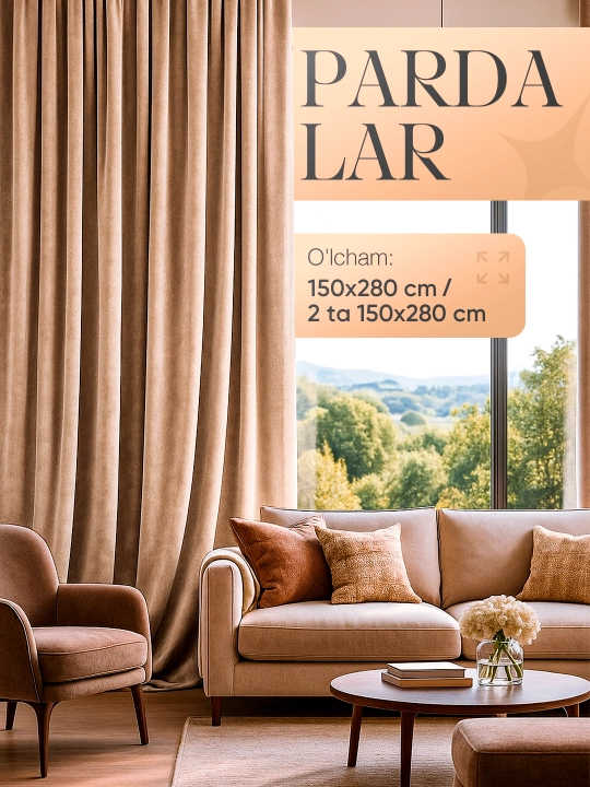 Tayyor Villur Kadife parda, 150x280 sm, ilgakli tasma bilan - 