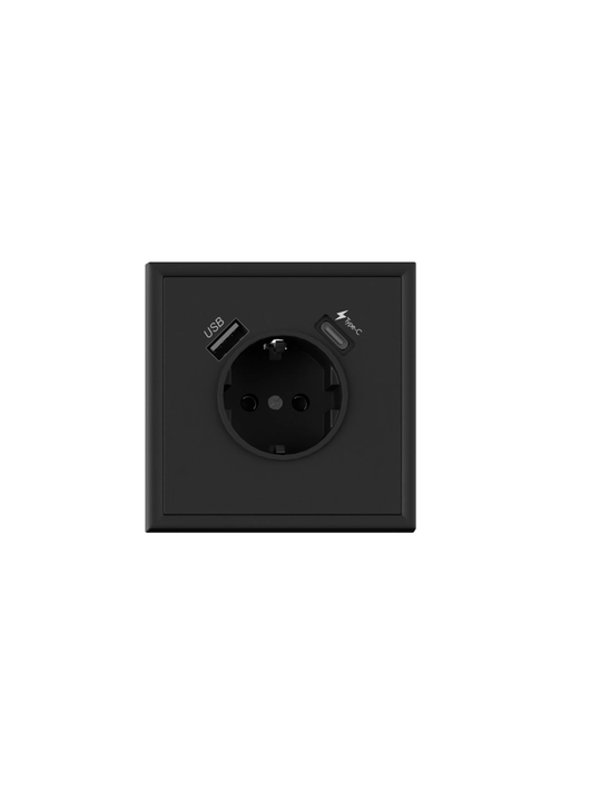 Розетка Venus с USB и Type-C PRIME чёрная настенная розетка с зарядкой, 2.1А, розетка 220В