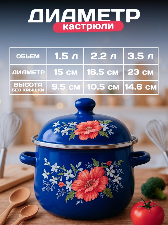 Набор кастрюль эмалированных с объемом 1.5, 2.2, 3.5 л