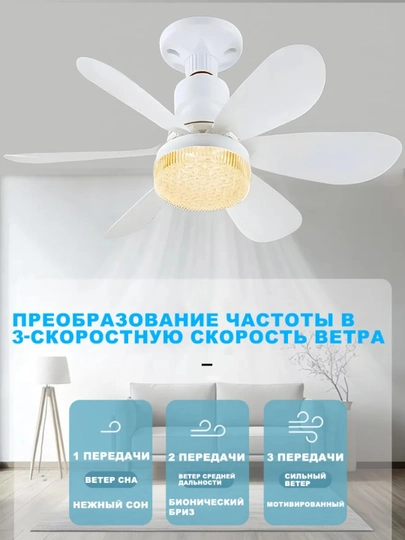 Люстра с вентилятором LED с пультом 3 режима освещения, 4 режима вращения, для всех комнат