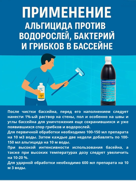 Альгицид, средство от водорослей в бассейнах, флокулянт, для дезинфекции воды, 1 литр